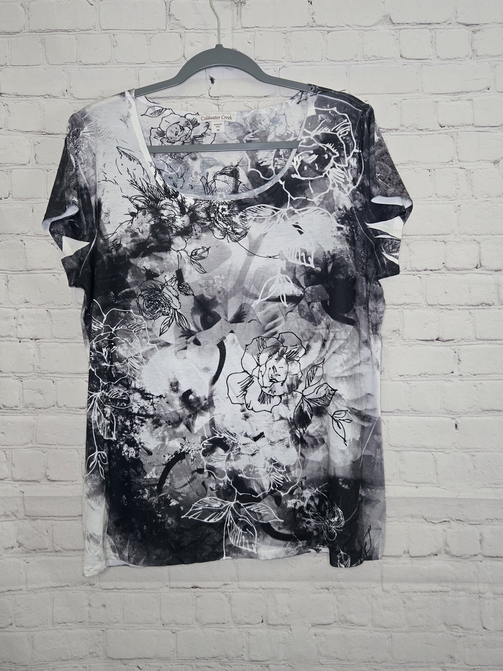 Coldwater Creek Vtg Black White Abstract Floral Artsy Top Whimsigoth Made In Usa